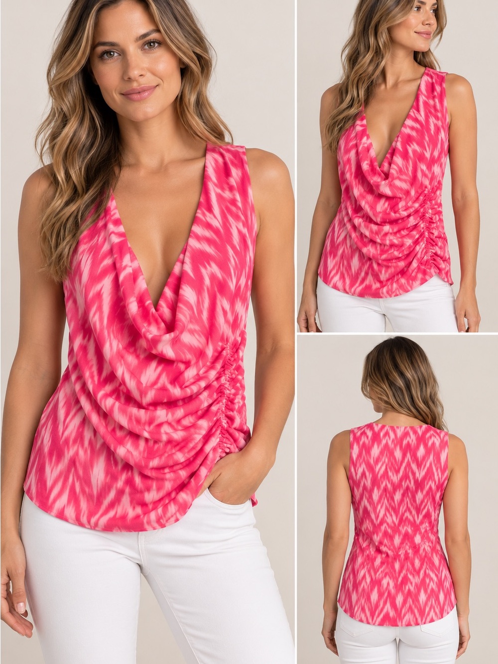 INC International Concepts Pink Printed Draped V-Neck Ruched Tank